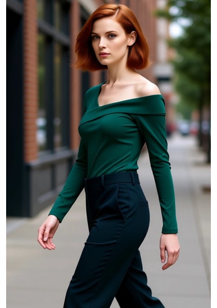 Kadın Vücuda Oturan Crop Örme Bluz Asimetrik Yaka Uzun Kol Kaliteli Şık Rahat Modern Zarif fırsatları