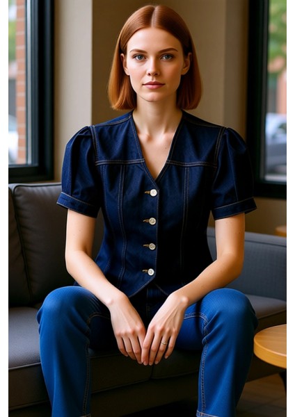 Kadın Denim Bluz V Yaka Kısa Balon Kol Casual Stil Kaliteli Şık Rahat Modern Zarif Günlük