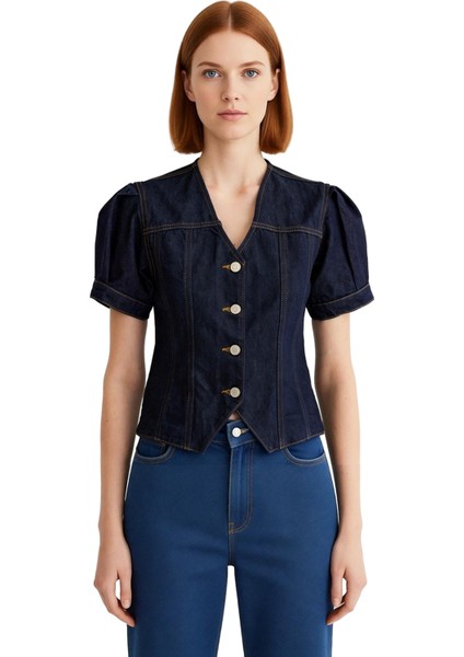 Kadın Denim Bluz V Yaka Kısa Balon Kol Casual Stil Kaliteli Şık Rahat Modern Zarif Günlük fiyatları