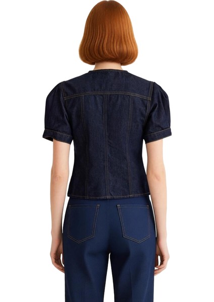 Kadın Denim Bluz V Yaka Kısa Balon Kol Casual Stil Kaliteli Şık Rahat Modern Zarif Günlük modelleri