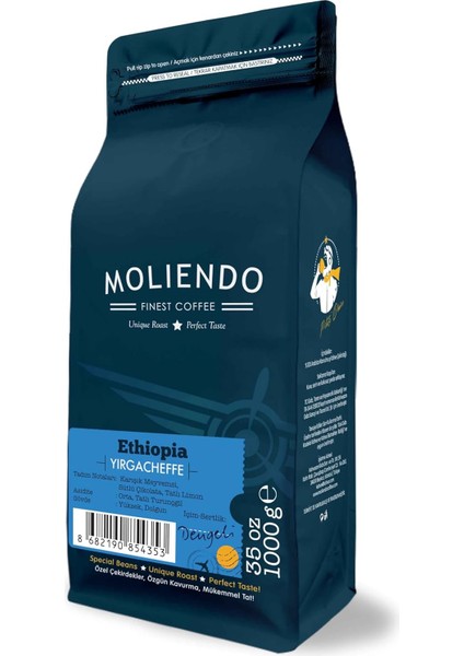 Moliendo Finest Coffee Ethiopia Yirgacheffe Yöresel Kahve (Çekirdek) 1000 G