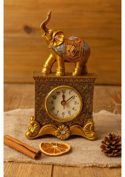 biton dekoratif gold fil figürlü masa saati – 19 cm | şık ev & ofis aksesuarı