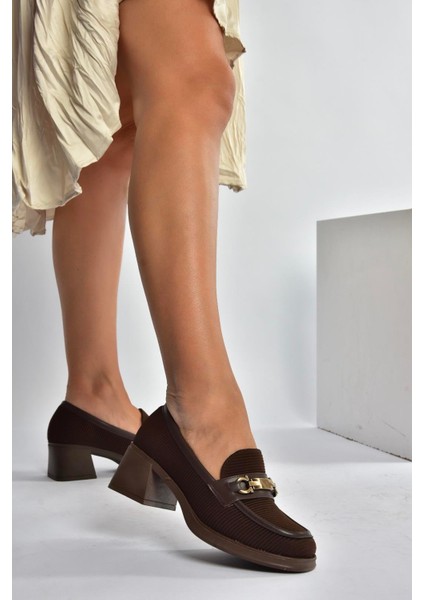 V820146304 Kahverengi Kumaş Kalın Topuklu Kadın Ayakkabı fiyatları