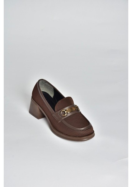 V820146304 Kahverengi Kumaş Kalın Topuklu Kadın Ayakkabı