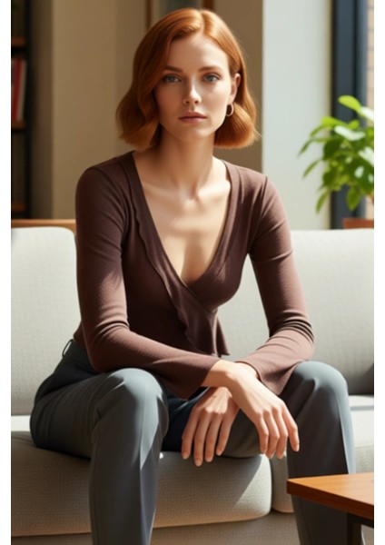 Kadın Regular Regular Kalıp Örme Anvelop Triko Görünümlü Normal Kalıp Bluz