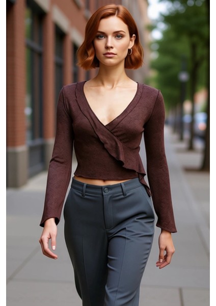 Kadın Regular Regular Kalıp Örme Anvelop Triko Görünümlü Normal Kalıp Bluz fırsatları