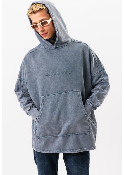 Erkek Gri Yıkamalı Oversize Sweatshirt Kapüşonlu
