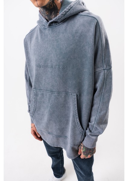 Erkek Gri Yıkamalı Oversize Sweatshirt Kapüşonlu indirimleri