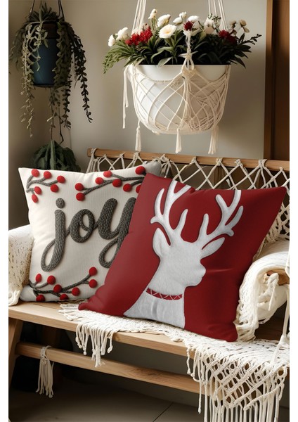 2’li Nakış Punch Yılbaşı Desenli, Çift Taraf Dijital Baskı, Yastık Kılıfı, Kırlent Kılıfı, Fermuarlı