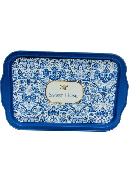 Desenli Metal Tepsi - Çay Kahve Tepsisi - Sunum Tepsisi 21 cm x 31 cm (Azulejos )