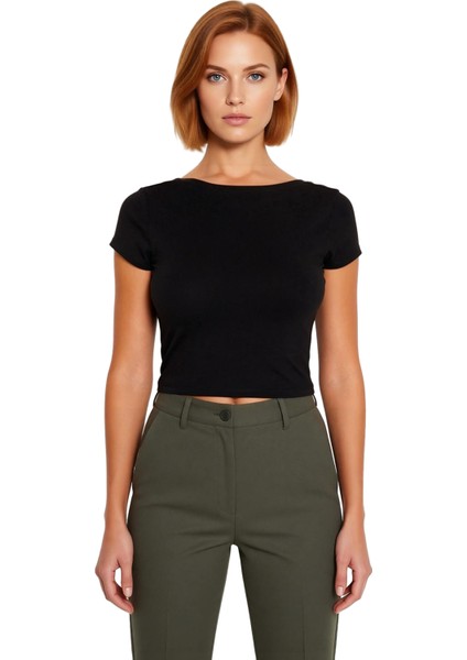 Kadın Düz Kesim Sırt Dekolteli Kısa Kollu Pamuklu Üst Kaliteli Şık Rahat Modern Zarif Günlük