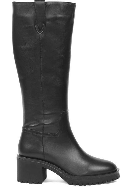 Kadın Siyah Fermuarlı Deri Çizme