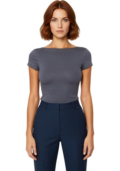 Kadın Fitted Esnek Örme Bisiklet Yaka Crop Bluz Kaliteli Şık Rahat Modern Zarif Günlük fiyatları