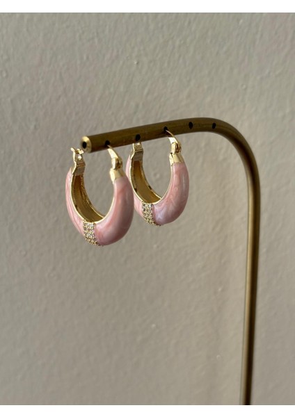 Pembe Renkli Bombe Orta Boy Gold Oval Çelik Küpe