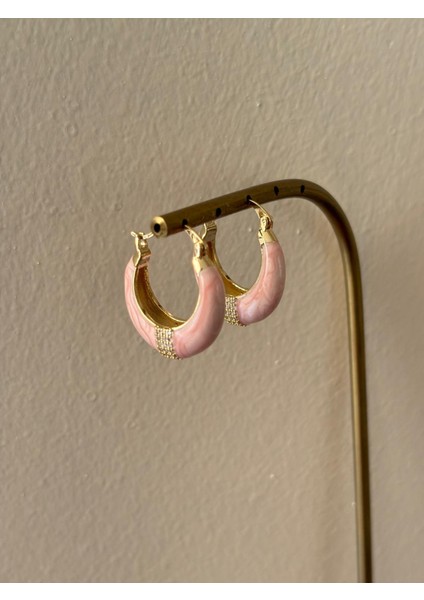 Pembe Renkli Bombe Orta Boy Gold Oval Çelik Küpe indirimleri