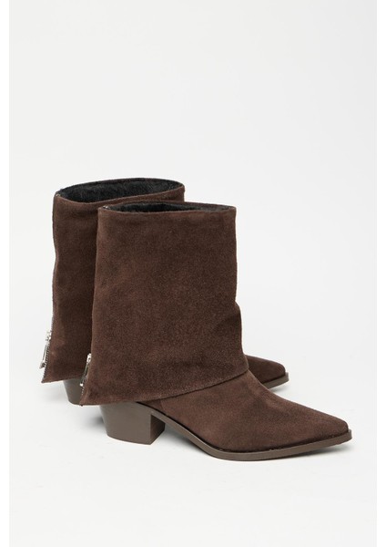 Kahverengi Süet Kadın Fermuarlı Sivri Burun Kalın Topuklu Kışlık Bot