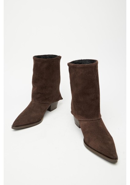 Kahverengi Süet Kadın Fermuarlı Sivri Burun Kalın Topuklu Kışlık Bot modelleri