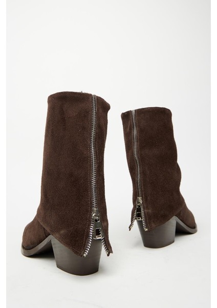 Kahverengi Süet Kadın Fermuarlı Sivri Burun Kalın Topuklu Kışlık Bot indirimleri