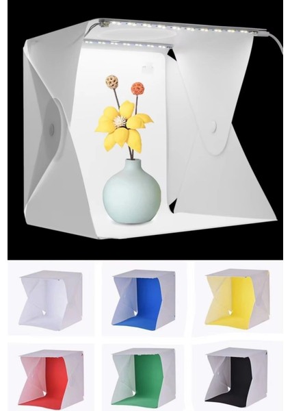 Katlanır Işıklı Fotoğraf Stüdyosu 40X40 cm 6 Renk Fonlu Ürün Çekimi Için Uygun Fotoğraf Çekim Kutusu
