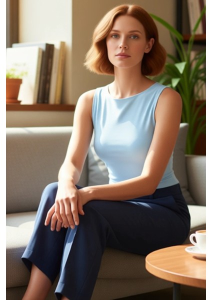 Kadın Kolsuz Asimetrik Büzgülü Örme Bisiklet Yaka Üst Kaliteli Şık Rahat Modern Zarif Günlük