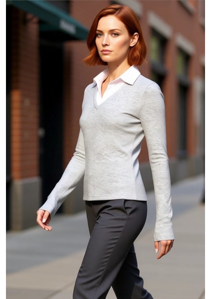 Kadın Moda Şık Uzun Polo Yaka Regular Kalıp Örme Dokuma Detaylı Gömlek Yaka Normal Kalıp Bluz fırsatları