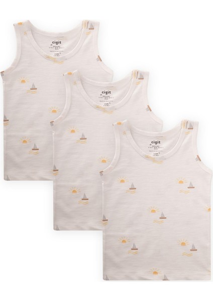 Üçlü Geniş Askılı Atlet Set 2-9 yaş Yelken Güneş Baskılı Ekru