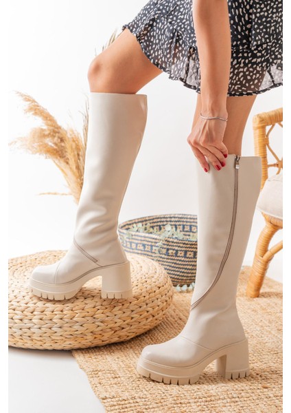 Kadın Döner Fermuarlı Diz Boyu Çizme Krem