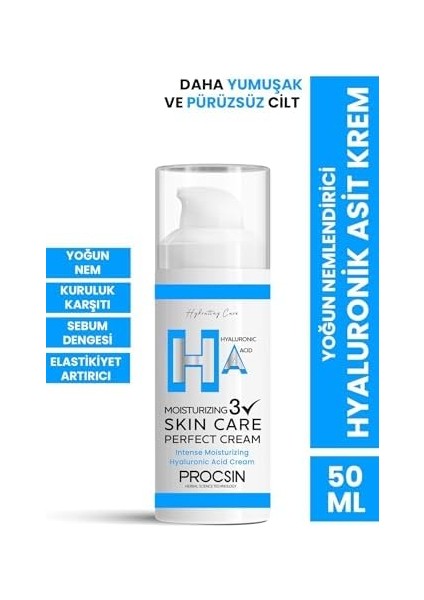 Procsın Yoğun Nemlendirici Hyaluronic Krem, Derinlemesine Nemlendirme & Cilt Bariyeri Güçlendirme, Canlandırıcı & Besleyici Günlük Bakım, 50 ml