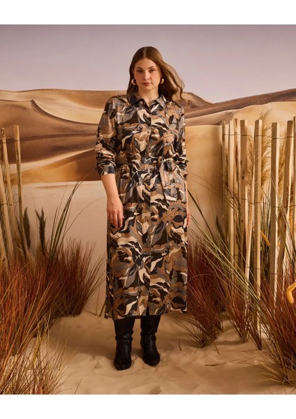 10002521314007 Belden Kemerli Cepli Desenli Tunik Elbise