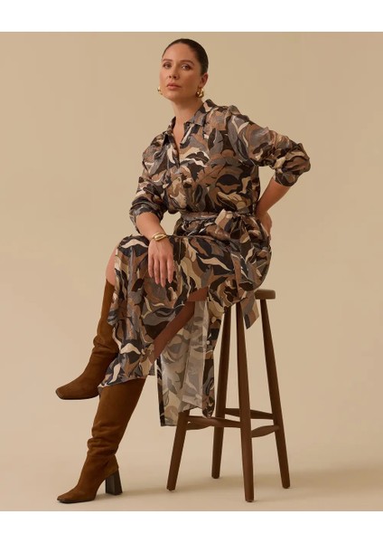 10002521314007 Belden Kemerli Cepli Desenli Tunik Elbise fiyatları