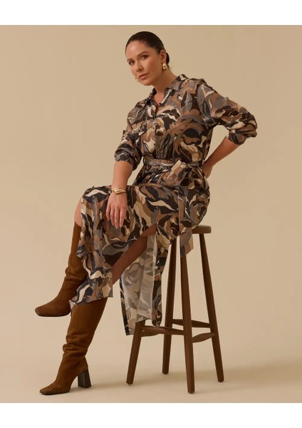 10002521314007 Belden Kemerli Cepli Desenli Tunik Elbise modelleri