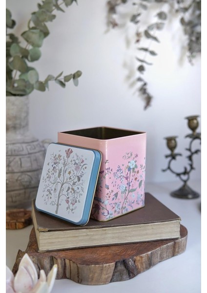 Pink Desenli Kare Metal Saklama Kabı 12X12 cm ( Pink)