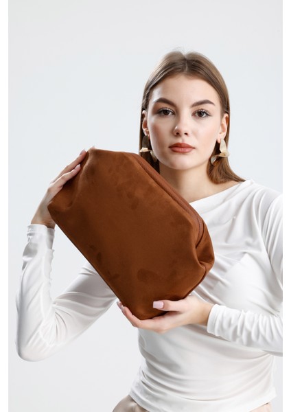 Kadın Taba Kahve Süet Clutch El Çantası