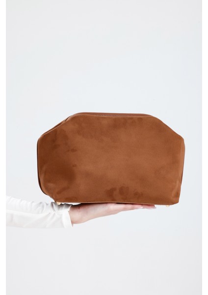 Kadın Taba Kahve Süet Clutch El Çantası