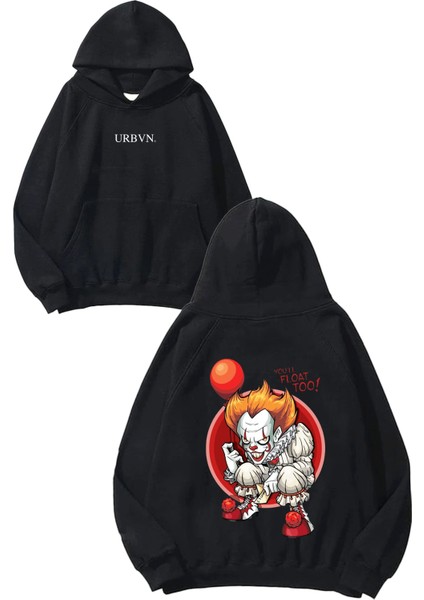 Clown Tasarım Baskılı Oversize Siyah Kapüşonlu Sweatshirt