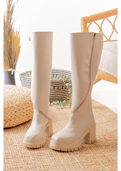 Kadın Döner Fermuarlı Diz Boyu Çizme Krem fırsatları