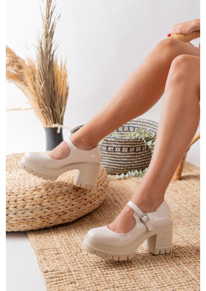 Kadın Tek Baletli Loafer Model Topuklu Ayakkabı Krem