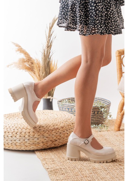 Kadın Tek Baletli Loafer Model Topuklu Ayakkabı Krem modelleri