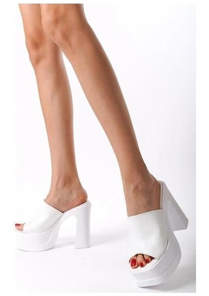 Kadın Geniş Bantlı (12CM) Ortapedik Platform Terlik Beyaz