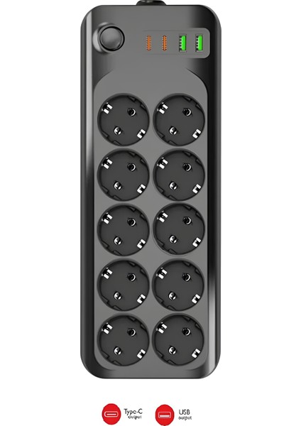 Termal Akım Korumalı 10’lu Grup Priz Uzatma Kablo USB & Type-C 2.1A 2500W 10A 2m Kablo 3423