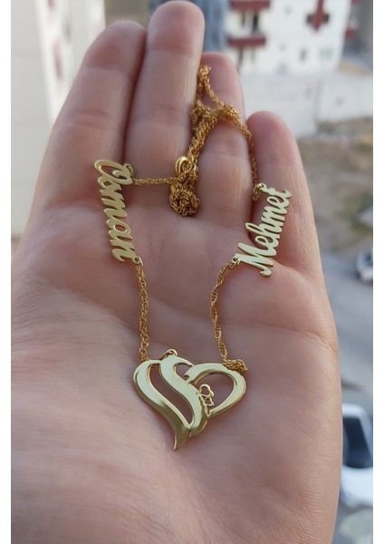 925 Ayar Gümüş 24 Ayar Altın Kaplama 2 Isimli Kalpli Kolye