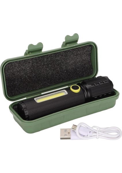 P50 + Cob LED Zoomlu Şarjlı El | Süper Parlak 800 Lümen, 3 Modlu, 800 Mah Kapasite, USB Şarj, Taşıma Çantalı