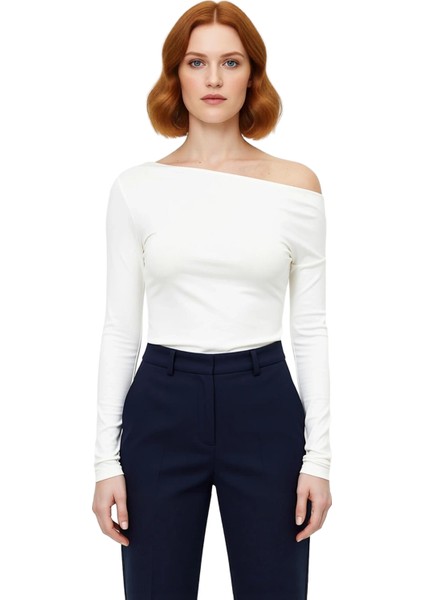 Moda Kayık Yaka Örme Slim Çizgili Desen Casual Günlük Regular Uzun Kol Bluz