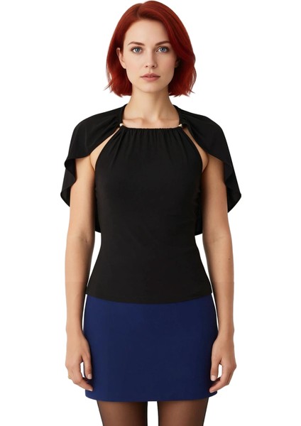 Kadınlar Için Şık Pelerin Detaylı Metal Aksesuarlı Bisiklet Yaka Bluz Kaliteli Şık Rahat Modern fiyatları