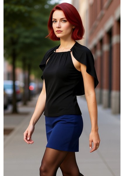 Kadınlar Için Şık Pelerin Detaylı Metal Aksesuarlı Bisiklet Yaka Bluz Kaliteli Şık Rahat Modern fırsatları