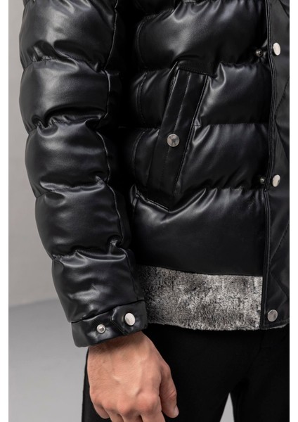 Gustav Yakası Kürklü Çıtçıtlı ve Fermuarlı Erkek Mont - Siyah fırsatları