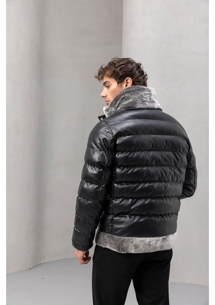 Gustav Yakası Kürklü Çıtçıtlı ve Fermuarlı Erkek Mont - Siyah indirimleri