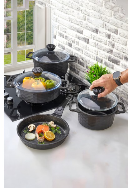 Kristal Döküm Granit 7 Parça Tencere ve Tava Seti Siyah