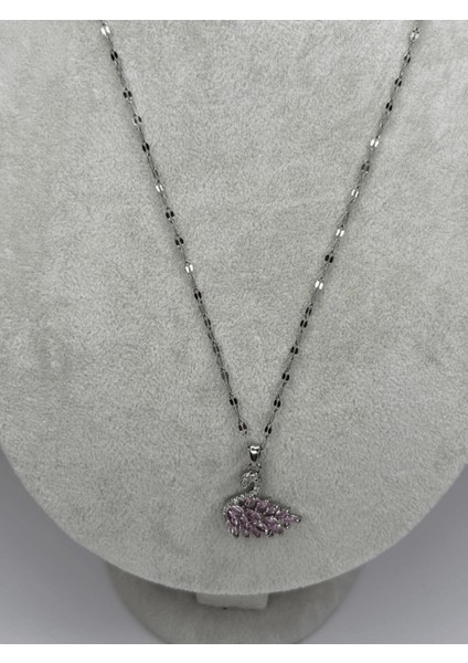 Pembe Taşlı Silver Kuğulu Kolye