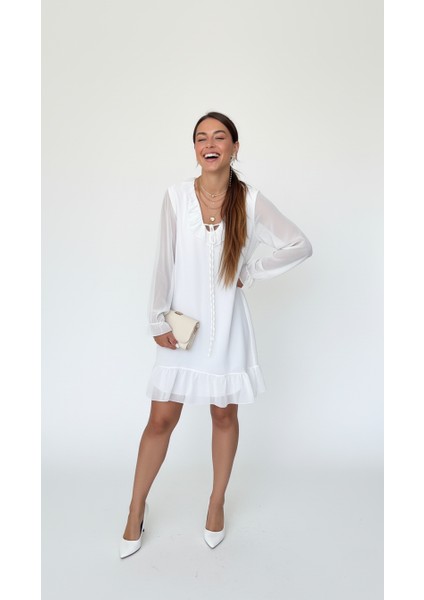 Fırfır Yaka Tül Detay Şifon Elbise